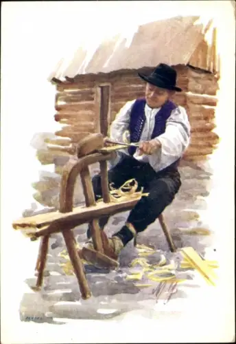 Künstler Ak Mann in tschechischer Tracht, Tischler, Werkzeug