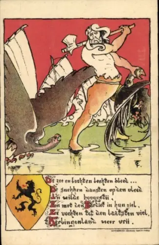 Wappen Ak Belgisch Steunfonds der Economische Werken, Krieger, Monster