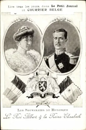 Ak König Albert von Belgien, Elisabeth Gabriele in Bayern, Wappen, Fahne