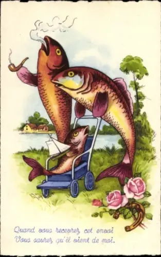 Künstler Ak Vermenschlichte Fische, Familie mit Kind, Fisch raucht Pfeife