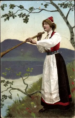 Ak Frau in norwegischer Tracht, Musikinstrument