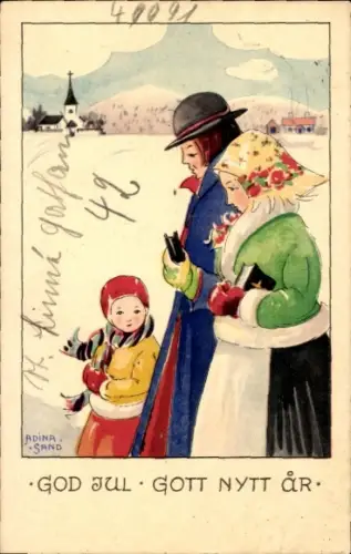 Künstler Ak Sand, Adina, Frohe Weihnachten, Dorfidyll, Familie