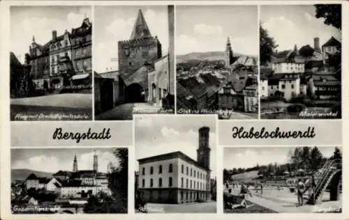 Ak Bystrzyca Kłodzka Habelschwerdt Schlesien, Ring mit Dreifaltigkeitssäule, Rathaus, Bergbad