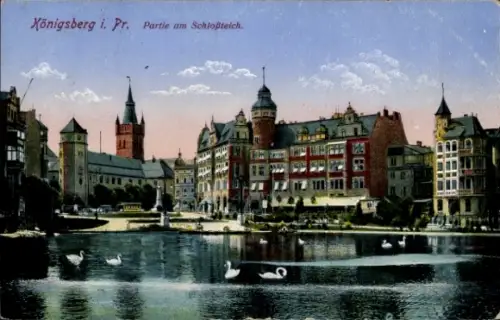 Ak Kaliningrad Königsberg Ostpreußen,  Schloßteich, Gebäude, Schwäne, 