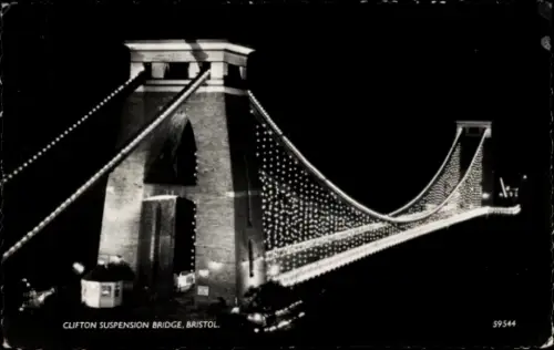 Ak Bristol South West England, Clifton Suspension Bridge,  Nachtaufnahme, beleuchtet, 