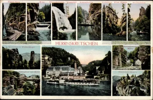 Ak Hřensko Herrnskretschen Elbe Region Aussig, Verschiedene Ansichten von  Wasserfall, Prebischke