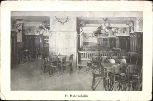 Ak Wien 13 Hietzing Österreich, St. Hubertuskeller, Restaurant, Stühle, Tische, Jagdtrophäen