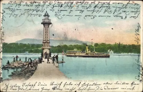 Ak Genève Genf Schweiz,  La Jetée, Hafenansicht, Dampfer, Menschen am Wasser