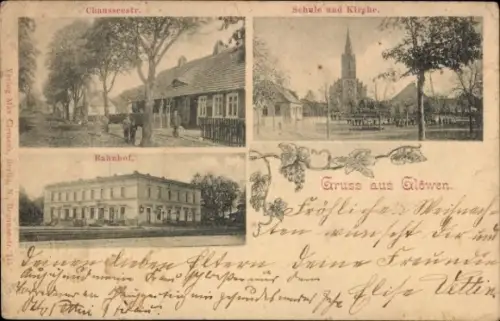 Ak Glöwen Plattenburg in der Prignitz, Chausseestr., Schule und Kirche, Bahnhof