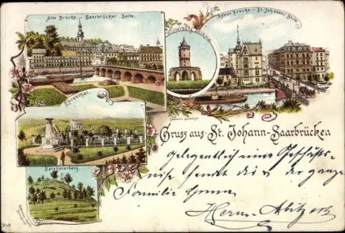 Litho St. Johann Saarbrücken im Saarland, Alte und neue Brücke, Ehrenthal, Winterberg Denkmal
