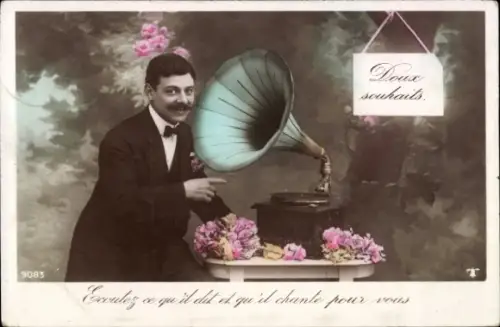 Ak Mann an Grammophon, Blumen