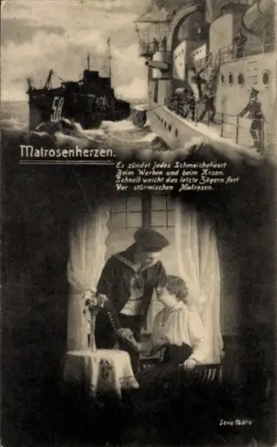 Ak Matrosenherzen, deutsches Kriegsschiff, Matrose mit Frau