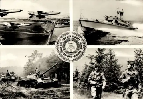 Ak NVA, Kampfflugzeuge, Schnellboot, Panzer, Soldaten, Für den Schutz der Arbeiter-u.-Bauern-Macht