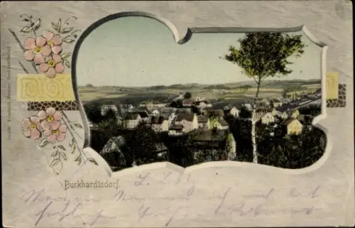 Passepartout Ak Burkhardtsdorf im Erzgebirge, Blumen, Gesamtansicht