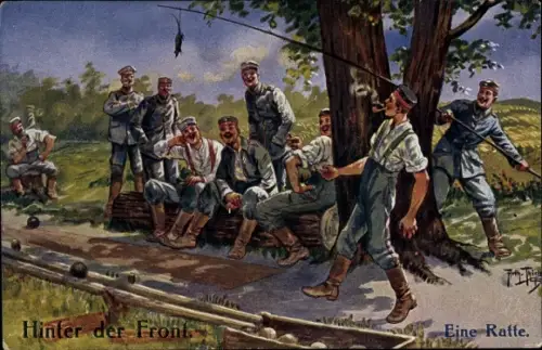Künstler Ak Thiele, Arthur, Hinter der Front, Eine Ratte, Soldaten auf der Kegelbahn