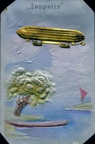 Material Präge Ak Zeppelin über einer Uferlandschaft