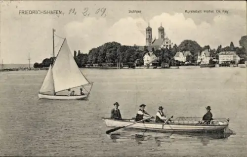 Ak Friedrichshafen am Bodensee, Schloss, Kuranstalt Hofrat Dr. Kay, Segelboot