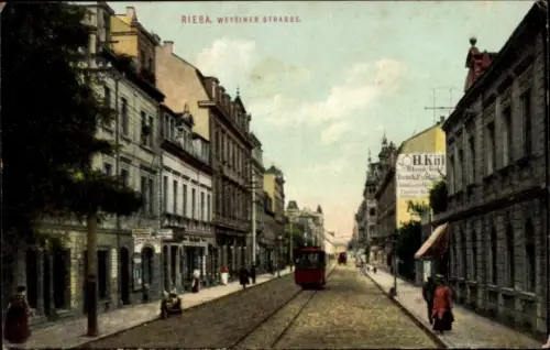 Ak Riesa an der Elbe Sachsen, Wettiner Straße, Straßenbahn, Geschäfte