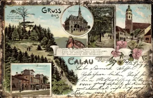 Litho Calau in Brandenburg, Rathaus, Bahnhof, Kirche, Wald