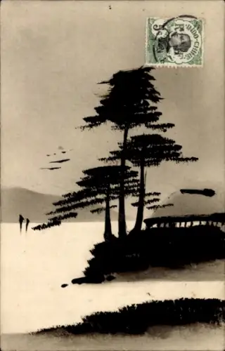 Ak Japan, Bäume am Wasser, Im Hintergrund Berge