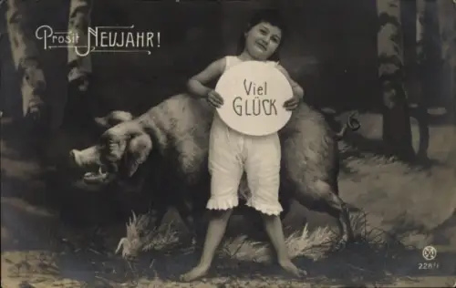 Ak Glückwunsch Neujahr, Kind, Schwein