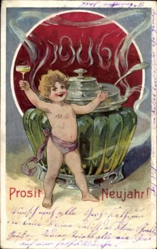 Präge Ak Glückwunsch Neujahr 1906, Kind trinkt Punsch
