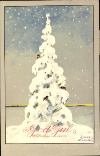 Künstler Ak Nyström, Jenny, Frohe Weihnachten, Verschneiter Tannenbaum, Vögel