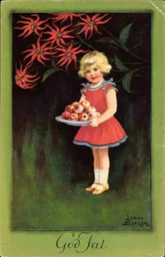Künstler Ak Nyström, Jenny, Frohe Weihnachten, Kind mit einem Teller voller Äpfel, Weihnachtssterne