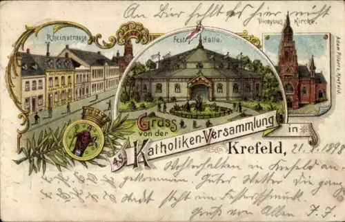 Litho Krefeld am Niederrhein, Dionysius Kirche, Festhalle, Rheinstraße, 45. Katholikenversammlung