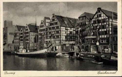 Ak Gdańsk Danzig,  Speicherinsel,  Fachwerkhäuser, Wasserweg, Boote