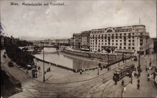 Ak Wien 2 Leopoldstadt Österreich,  Marienbrücke, Dianabad, Fluss, Straßenbahn