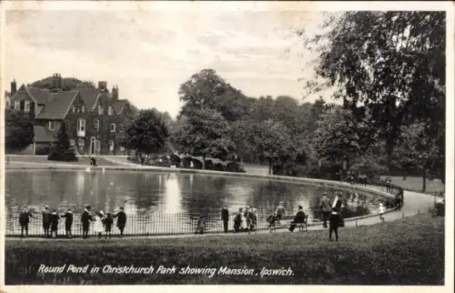 Ak Ipswich Suffolk England, Round Pond, Christchurch Park, Mansion