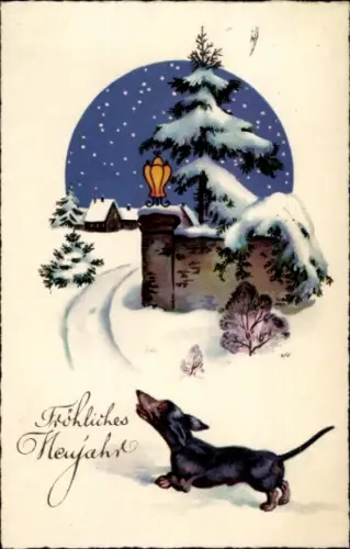 Ak Glückwunsch Neujahr, Dackel, Tannenbaum