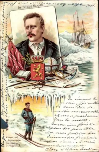 Litho Polarforscher Dr. Fridtjof Nansen, auf Schneeschuhen Grönland durchquerend, Schiff Fram
