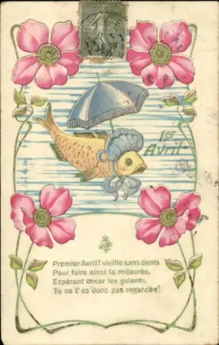 Ak 1. April, Fisch mit Regenschirm