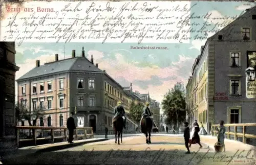 Ak Borna in Sachsen, Bahnhofsstraße, zwei Reiter, historische Gebäude, Grünfläche, Stadtansicht