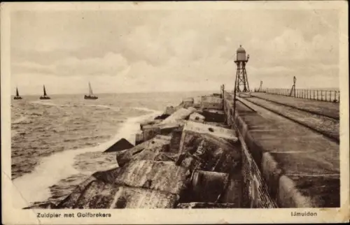 Ak Ijmuiden Velsen Nordholland Niederlande, Zuidpier met Golfbrekers