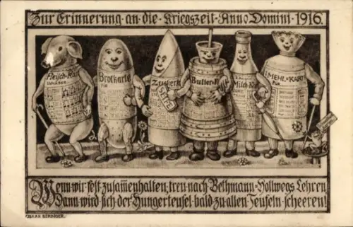 Künstler Ak Zur Erinnerung an die Kriegszeit 1916, Fleischkarte, Brotkarte, Zuckerkarte, Butterkarte