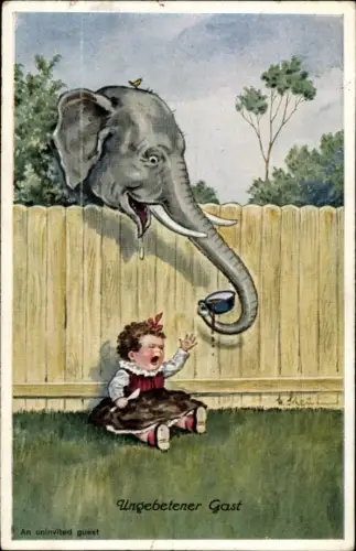 Künstler Ak Ungebetener Gast, Elefant klaut Mädchen den Kakao