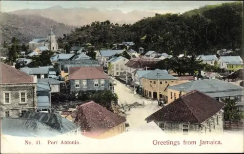 Ak Port Antonio Jamaika, Wohnsiedlung, Kirche, Straße