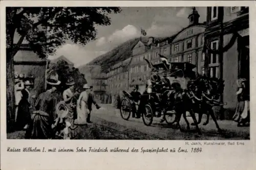 Künstler Ak Janik, H., Bad Ems, Kaiser Wilhelm I mit Sohn Friedrich bei einer Spazierfahrt 1884