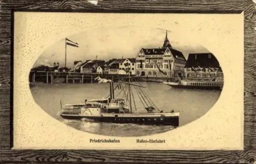 Präge Passepartout Ak Friedrichshafen am Bodensee, Dampfer, Hafeneinfahrt