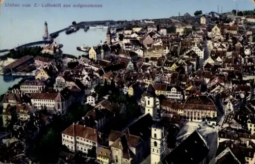 Ak Lindau am Bodensee Schwaben, Luftbild vom Zeppelin Luftschiff