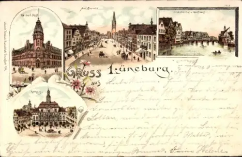 Litho Lüneburg in Niedersachsen, Post, Rathaus, Am Sande, Viskuhlenhof und Kaufhaus