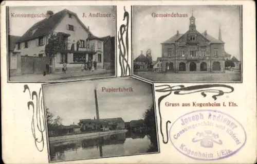 Ak Kogenheim Elsass Bas Rhin, Konsumgeschäft J. Andlauer, Gemeindehaus, Papierfabrik
