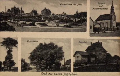 Ak Pfiffligheim Worms am Rhein, Westendhöhe, Park, Kirche, Kriegerdenkmal, Bahnhof, Lutherbaum