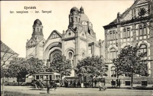 Judaika Ak Novi Sad Újvidék Neusatz Serbien, Synagoge, israelitischer Tempel, Straßenbahn
