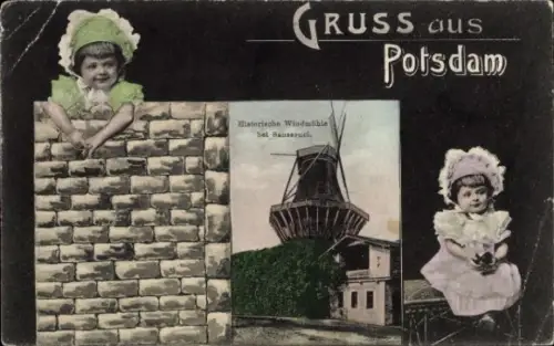 Passepartout Ak Potsdam Sanssouci, historische Windmühle, Kinder