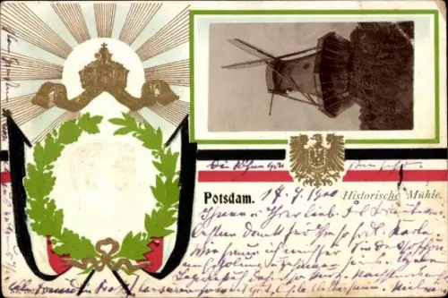 Präge Wappen Passepartout Ak Potsdam Sanssouci, historische Windmühle, Kaiser Wilhelm II.