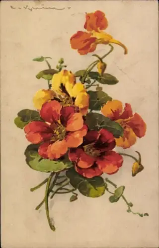 Künstler Ak Klein, C., Blumenstrauß, Orange und gelbe Blumen